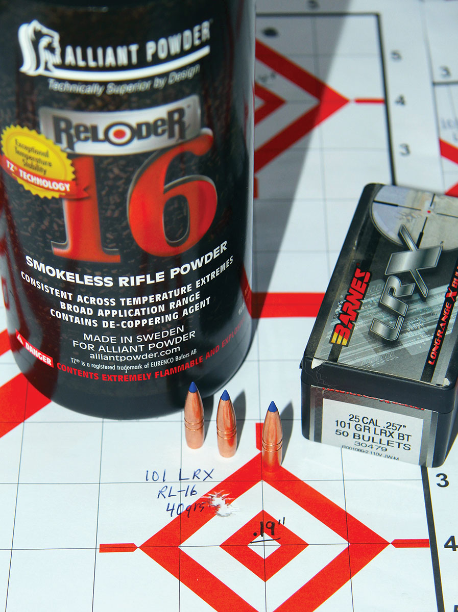 The best group assembled by the Horizon Firearms Vandal Prime chambered in 25 Creedmoor  resulted from Barnes’ 101-grain LRX BT and 40 grains of Alliant Reloder 16. That .19-inch group also included a muzzle velocity of 3,003 fps.
